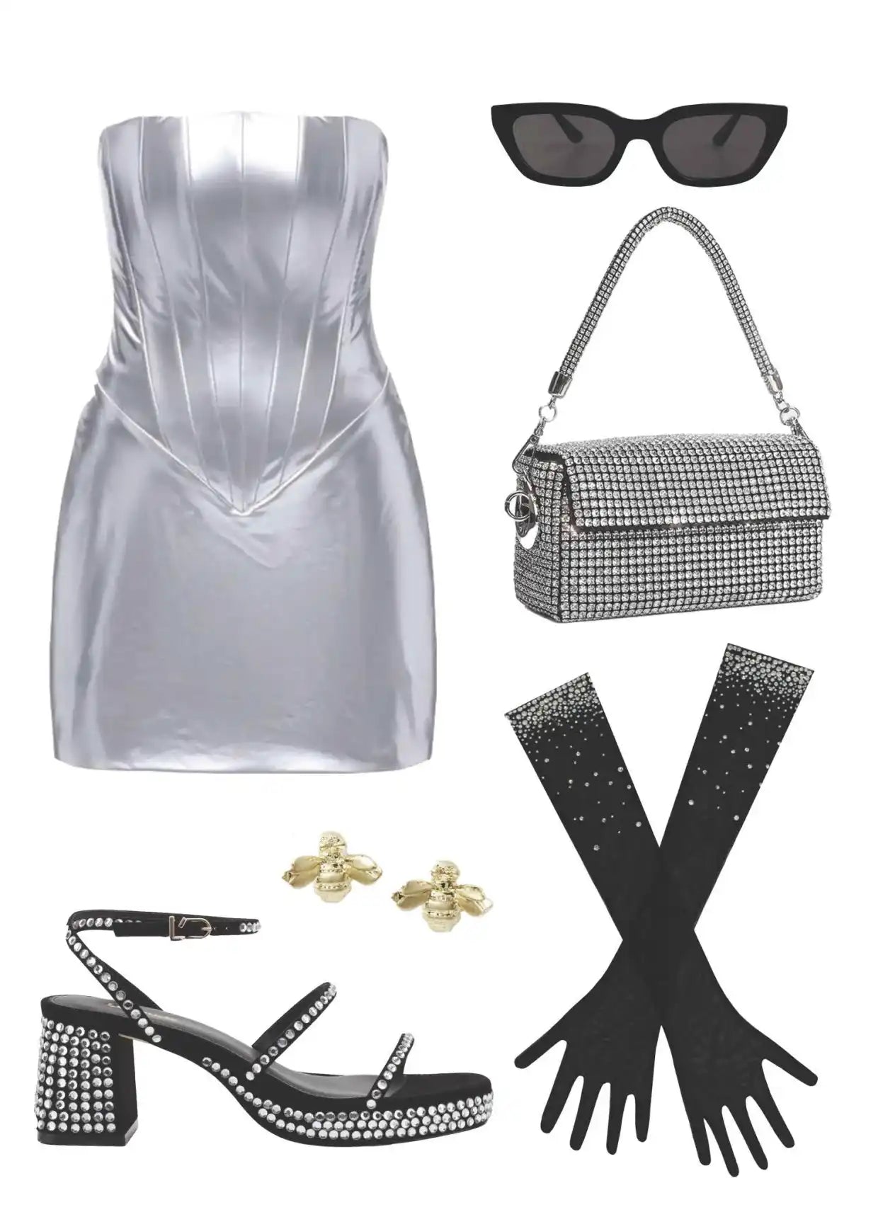 A flat lay showing a silver metallic strapless mini dress, black sunglasses, a Giarite Brilly Rhinestones Hand Bag, black rhinestone-embellished opera gloves, gold bee-shaped stud earrings, and black rhinestone-embellished high-heeled sandals.