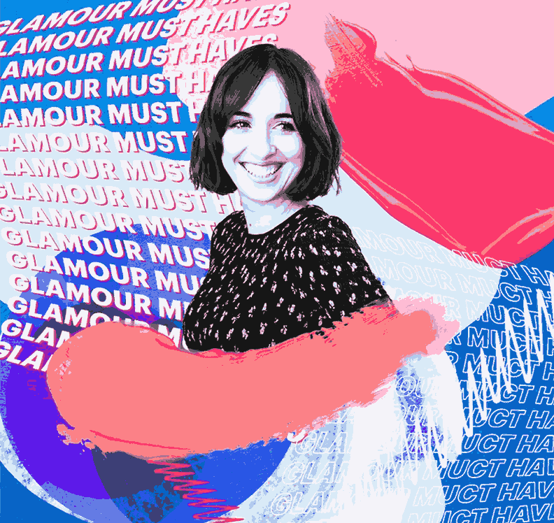 Glamorous Women must haves!.A vibrant, stylized image featuring a smiling woman with dark, bob-length hair, wearing a dark patterned top, positioned centrally. She is surrounded by a collage of abstract shapes in shades of pink, blue, and white, with bold brushstroke-like elements in red and orange. The background is filled with repeating text that says GLAMOUR MUST HAVES and variations of GLAMOUR MUS and MUCT HAV in a layered, somewhat chaotic arrangement, giving a magazine or promotional aesthetic.