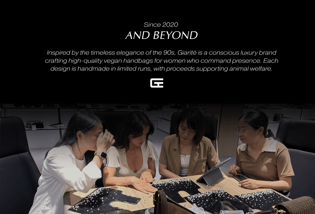 Alt text for the image: Text describing Giarité, a luxury vegan handbag brand, above an image of four women seated around a table, possibly in a meeting or workspace.This alt text describes the image content by:Identifying the textual content: It mentions the brand description and its key details (luxury, vegan handbags, animal welfare support).Describing the visual content: It accurately portrays the lower half of the image showing four women in a professional setting.