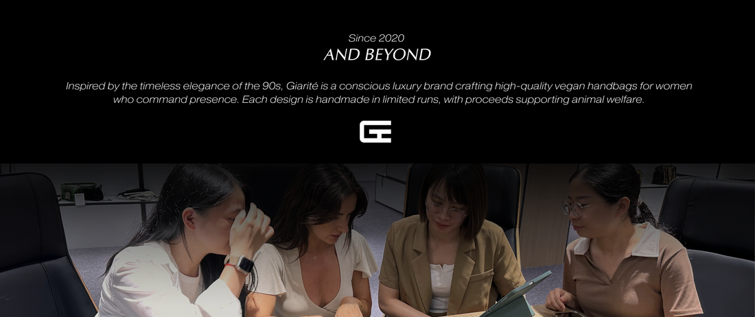 Alt text for the image: Text describing Giarité, a luxury vegan handbag brand, above an image of four women seated around a table, possibly in a meeting or workspace.This alt text describes the image content by:Identifying the textual content: It mentions the brand description and its key details (luxury, vegan handbags, animal welfare support).Describing the visual content: It accurately portrays the lower half of the image showing four women in a professional setting.