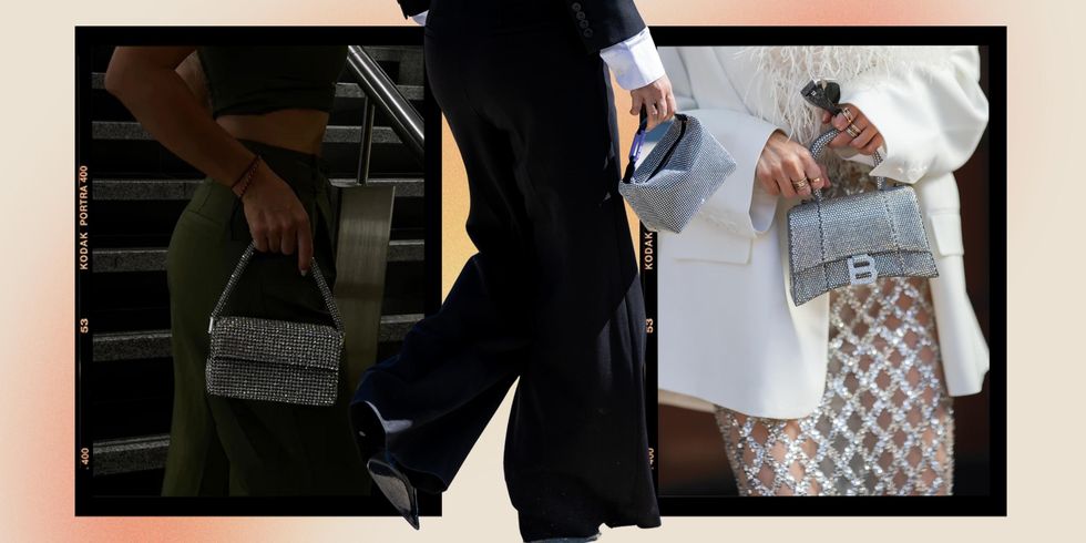 A triptych of fashion vignettes, each featuring a person holding a distinct, sparkling Giarite-style bag