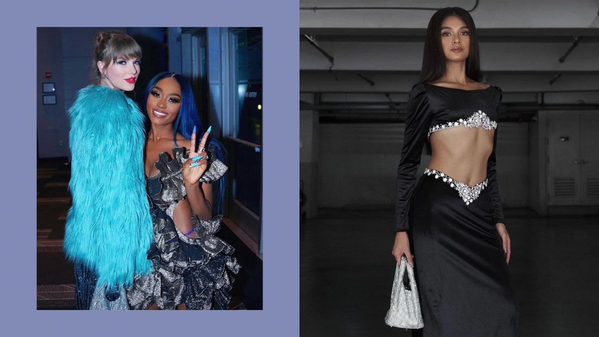 image shows two women, one identified as Taylor Swift, wearing a blue furry coat, standing next to another woman with blue hair. The bottom image features a woman in a black dress holding a Giarite's Silver Brilly handbag.